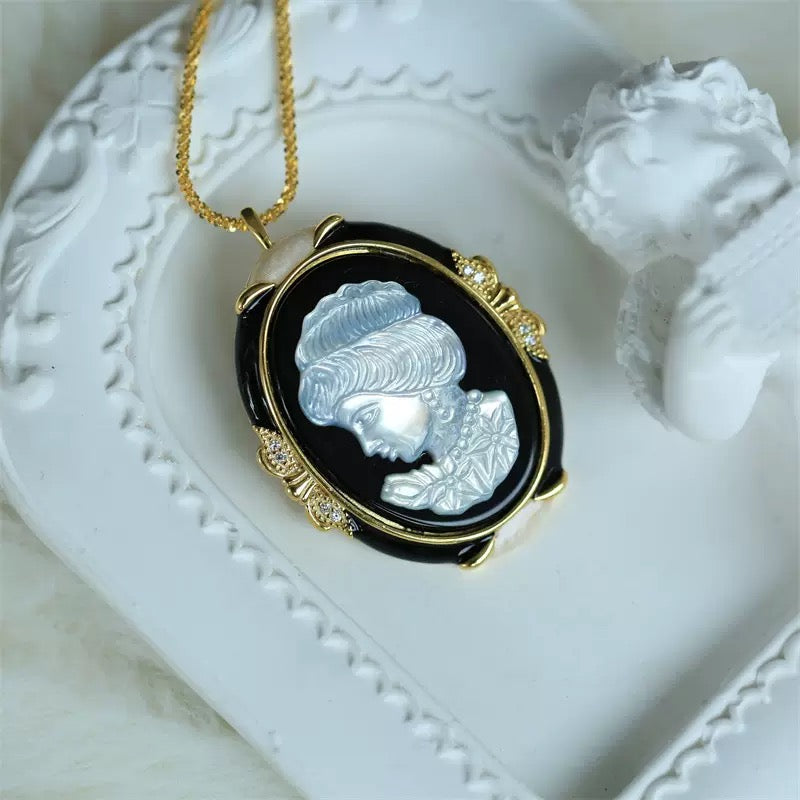 S925 Silver 18K Gold-Plated Shell Cameo Convertible Jewelry Set – Brooch, Pendant, Ring & Earrings