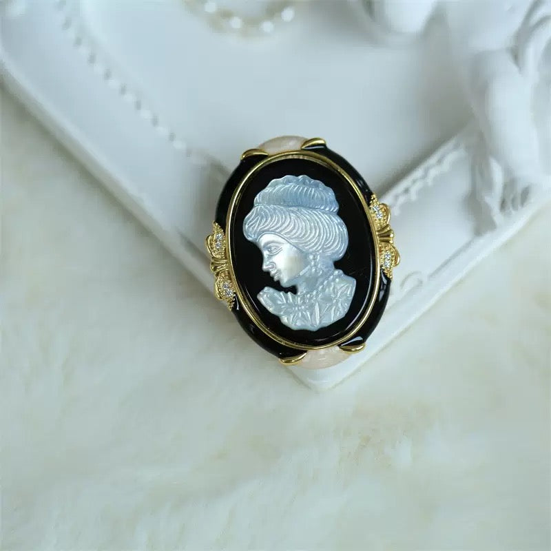 S925 Silver 18K Gold-Plated Shell Cameo Convertible Jewelry Set – Brooch, Pendant, Ring & Earrings