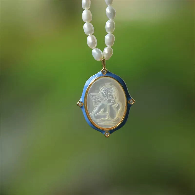 S925 Silver Cupid Cameo Necklace – White Mother-of-Pearl Relief Pendant with Cloisonné Enamel