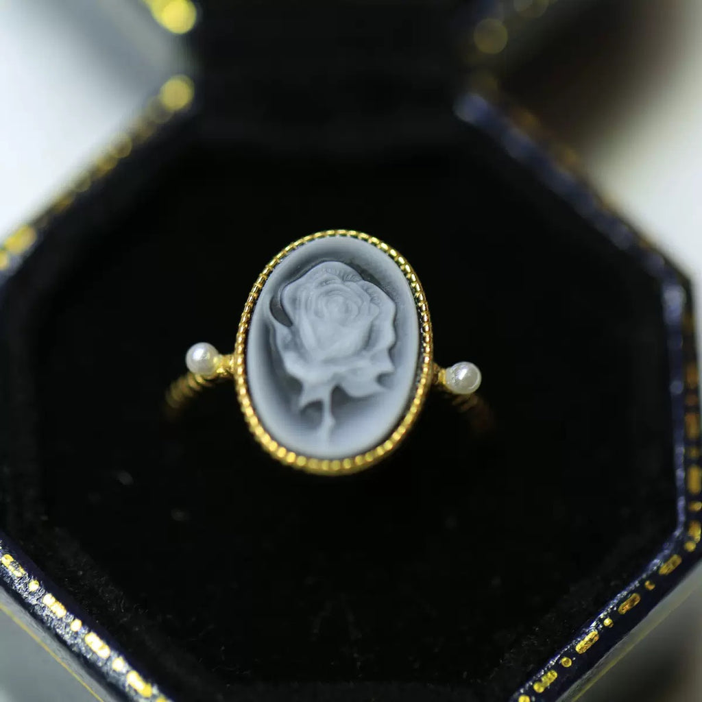 S925 Silver Italian Rose Cameo Ring – Vintage Oval Carved Agate with Mini Pearls