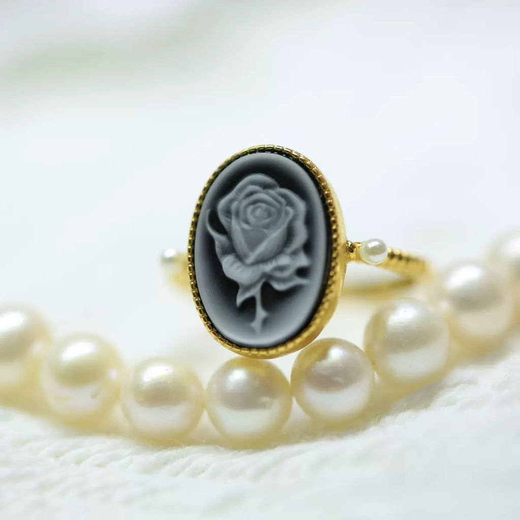 S925 Silver Italian Rose Cameo Ring – Vintage Oval Carved Agate with Mini Pearls