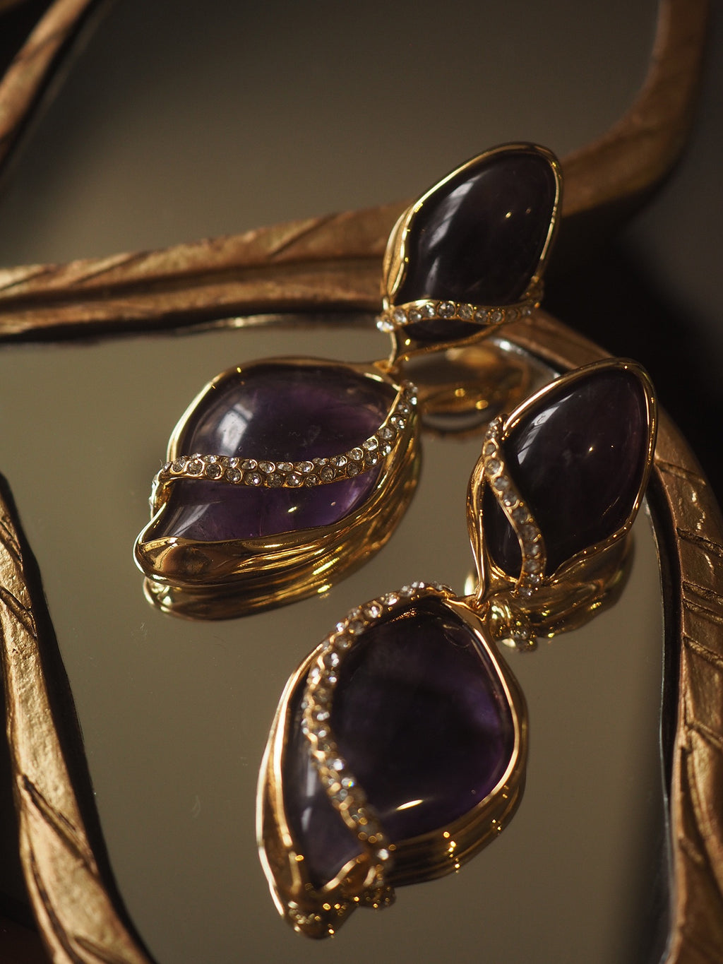 Handcrafted Amethyst Statement Earrings – Gold-Plated Natural Crystal Vintage Design