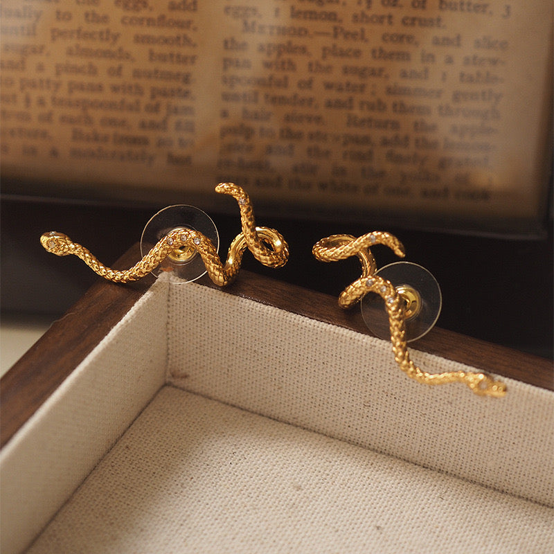 Serpent Ring & Earrings Set | Adjustable Gold Snake Ring with Crystal Accents | Vintage Gothic Jewelry for Women