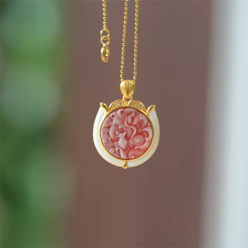 S925 Silver Nine-Tailed Fox Cameo Pendant – Hand-Carved Mother-of-Pearl Jewelry (Blue / Rose Red)