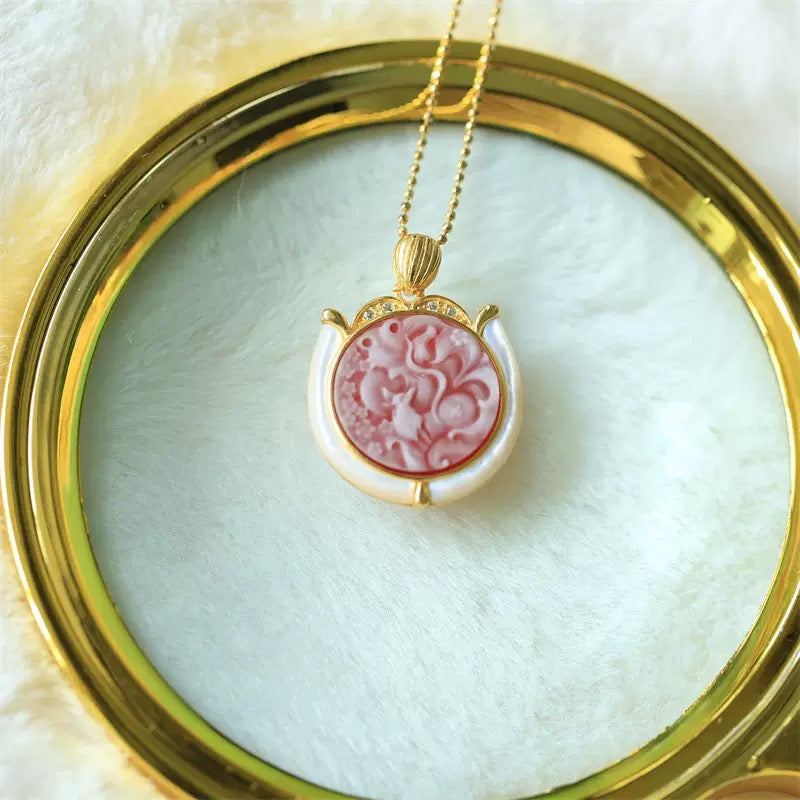 S925 Silver Nine-Tailed Fox Cameo Pendant – Hand-Carved Mother-of-Pearl Jewelry (Blue / Rose Red)