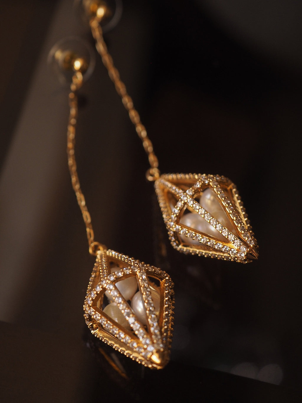 Geometric Pearl Cage Long Chain Earrings – Vintage Luxe Modern Art Style