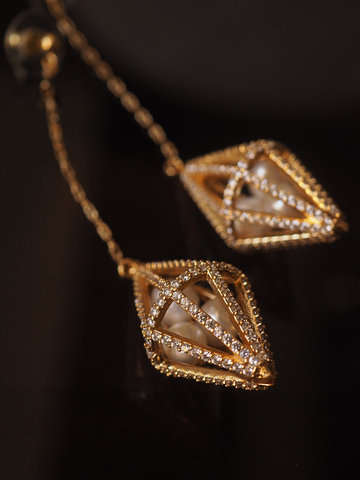 Geometric Pearl Cage Long Chain Earrings – Vintage Luxe Modern Art Style