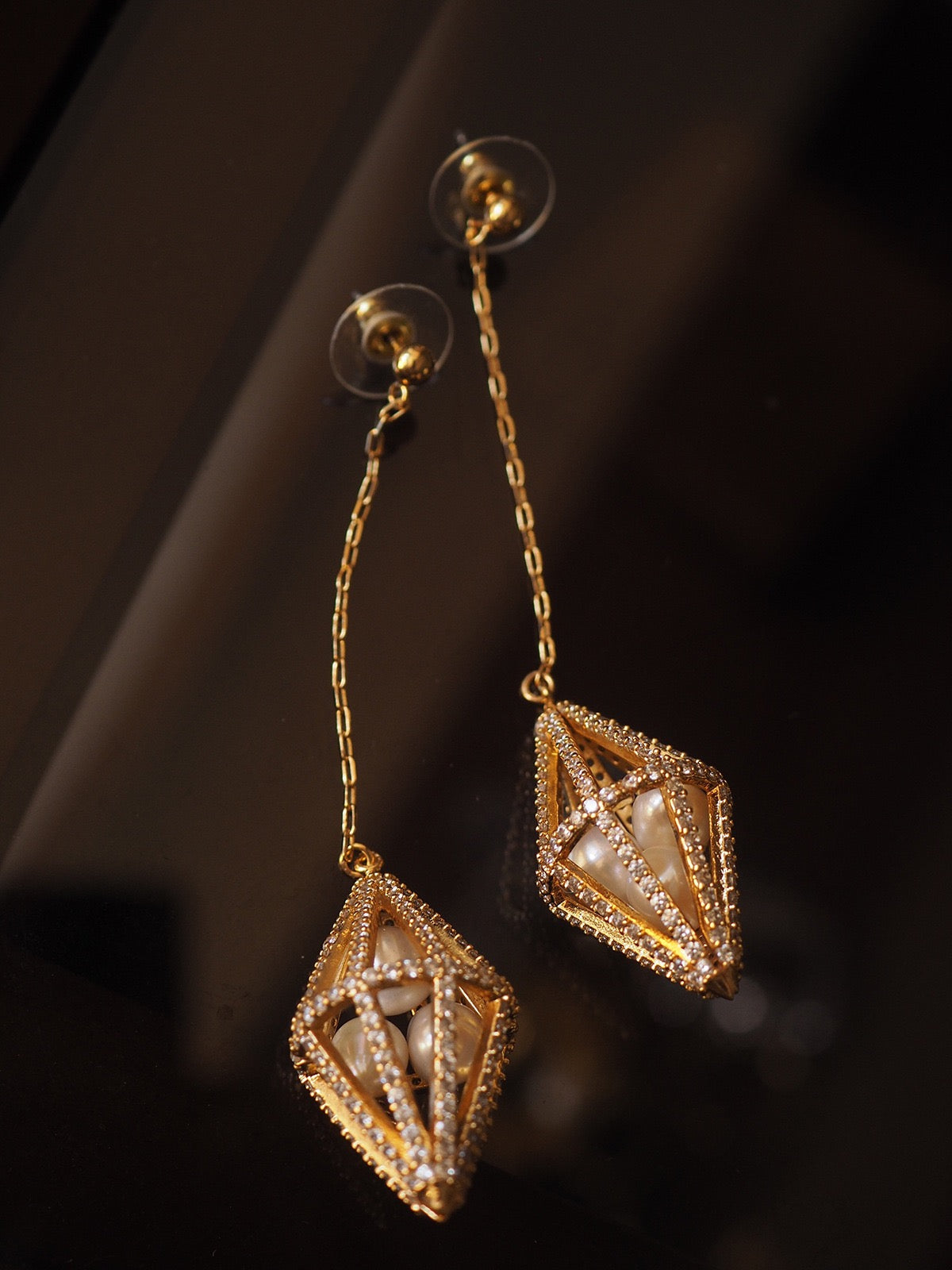 Geometric Pearl Cage Long Chain Earrings – Vintage Luxe Modern Art Style
