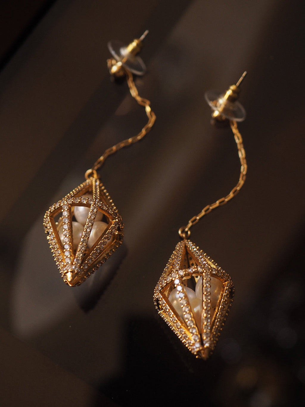 Geometric Pearl Cage Long Chain Earrings – Vintage Luxe Modern Art Style