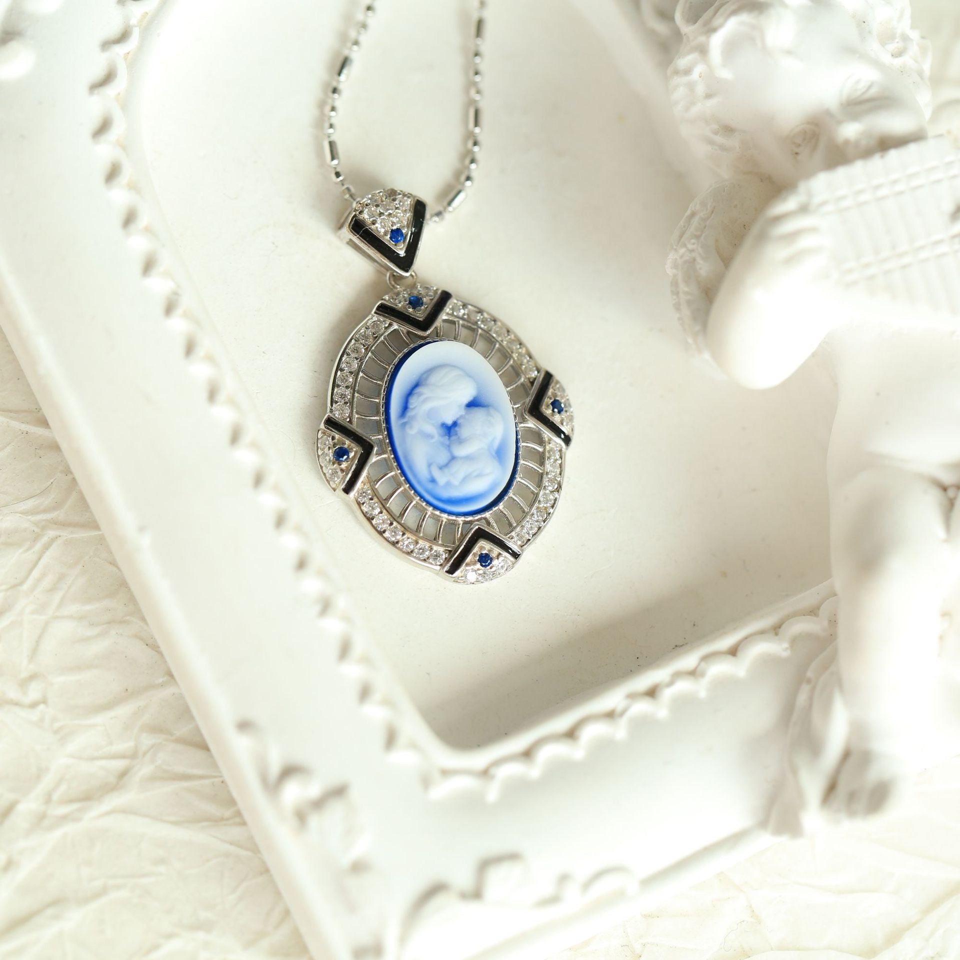 S925 Silver Mother & Child Cameo Necklace – Vintage Art Deco Heirloom Style