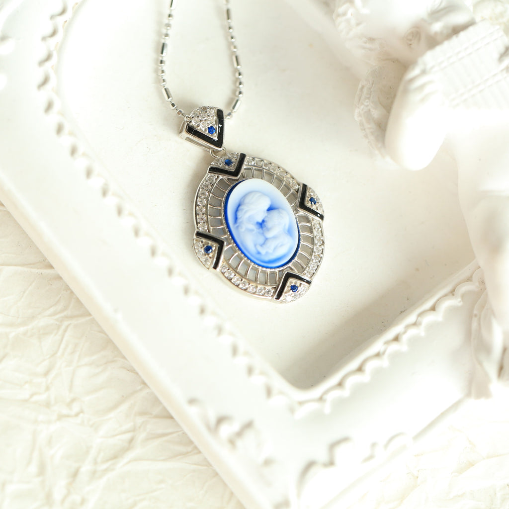 S925 Silver Mother & Child Cameo Necklace – Vintage Art Deco Heirloom Style