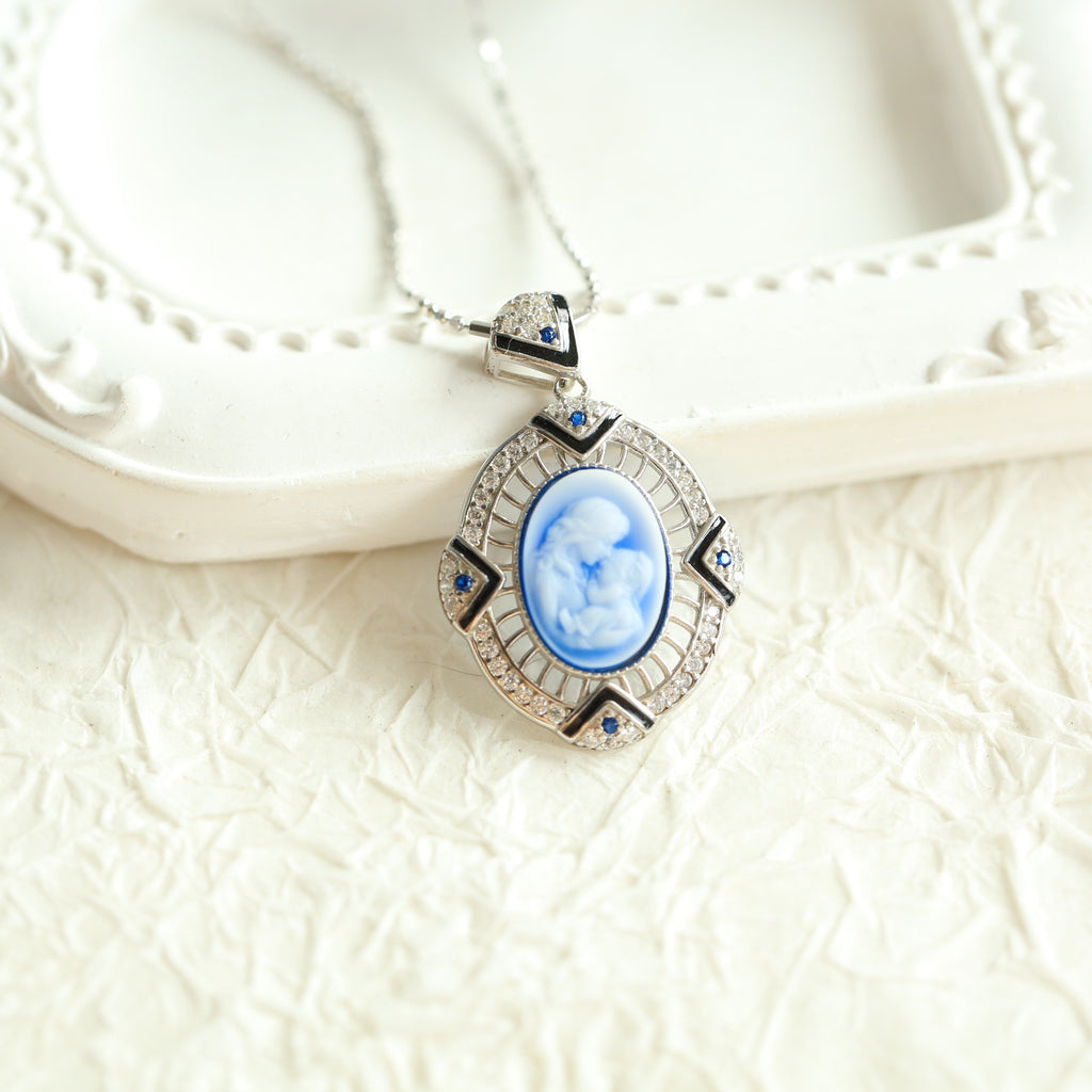S925 Silver Mother & Child Cameo Necklace – Vintage Art Deco Heirloom Style