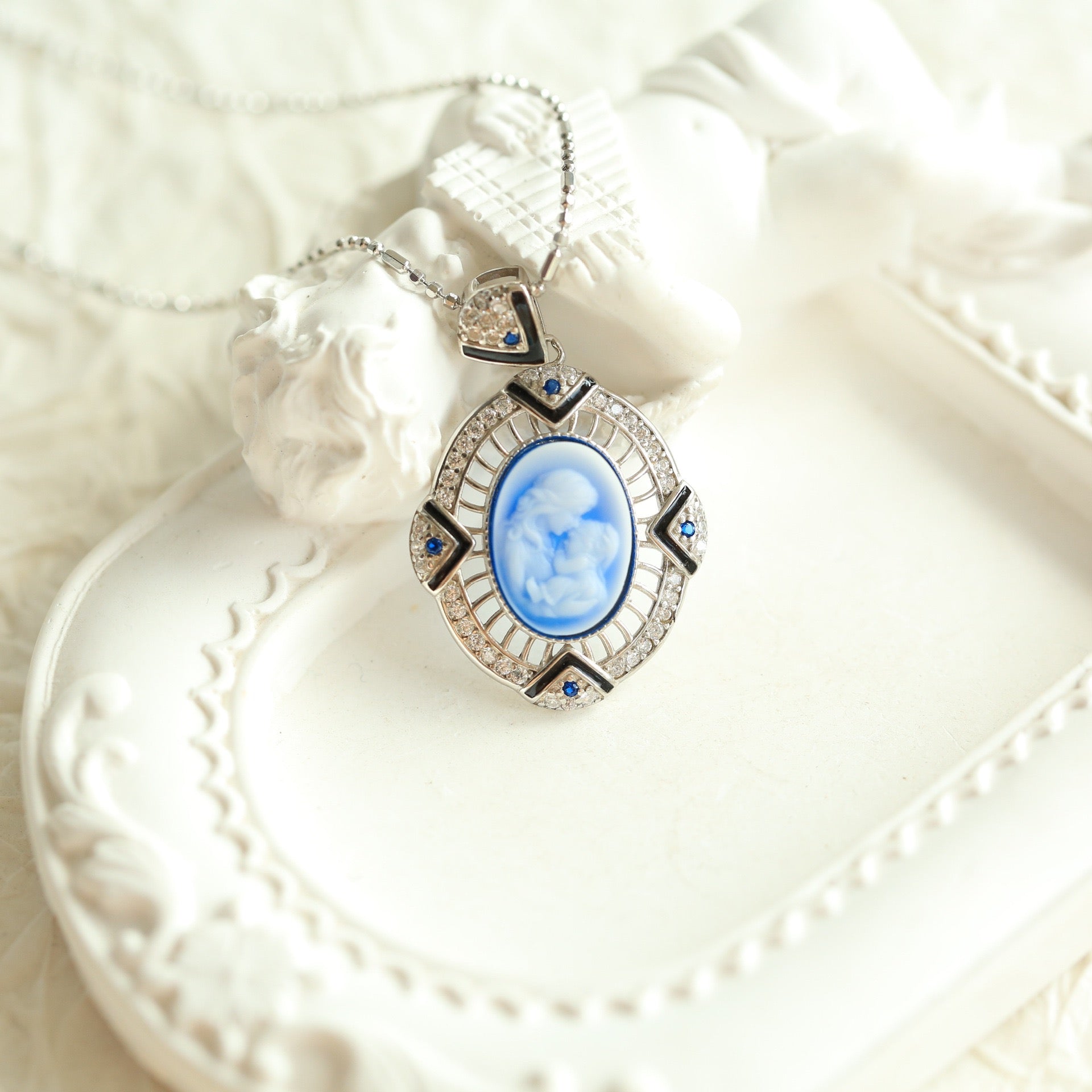 S925 Silver Mother & Child Cameo Necklace – Vintage Art Deco Heirloom Style