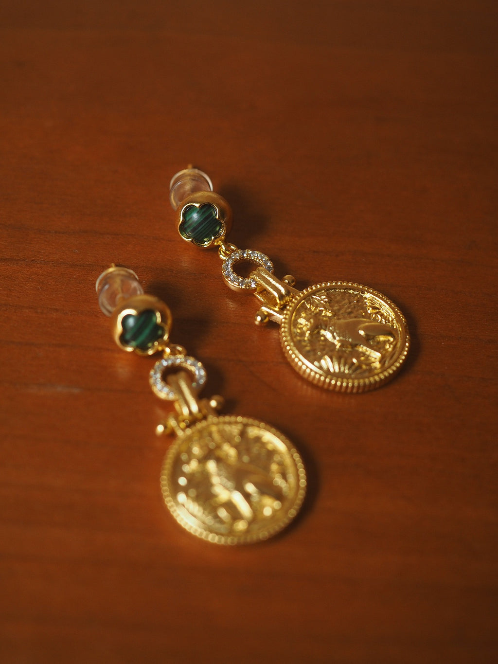 Vintage Malachite Coin Drop Earrings – Gold-Plated Palace Style Retro Statement Jewelry