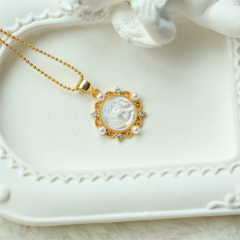 Cameo Cupid Necklace – White Mother-of-Pearl & Pink Queen Conch Shell Vintage Necklace