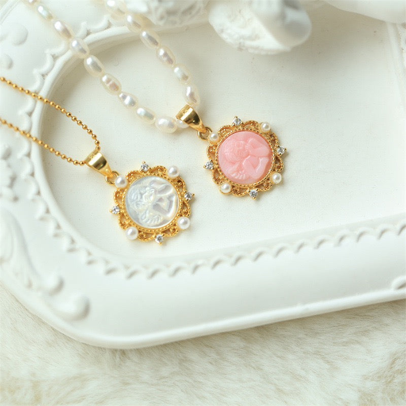 Cameo Cupid Necklace – White Mother-of-Pearl & Pink Queen Conch Shell Vintage Necklace