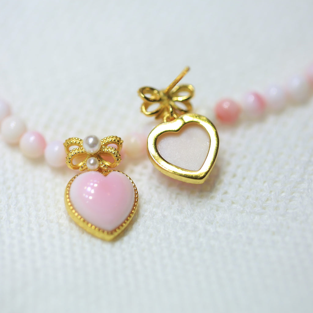 S925 Silver Pink Queen Conch Heart Earrings – Vintage Bow & Pearl Cameo Design