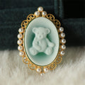 S925 Silver Green Agate Teddy Cameo Pendant – Vintage Hand-Carved Bear Design