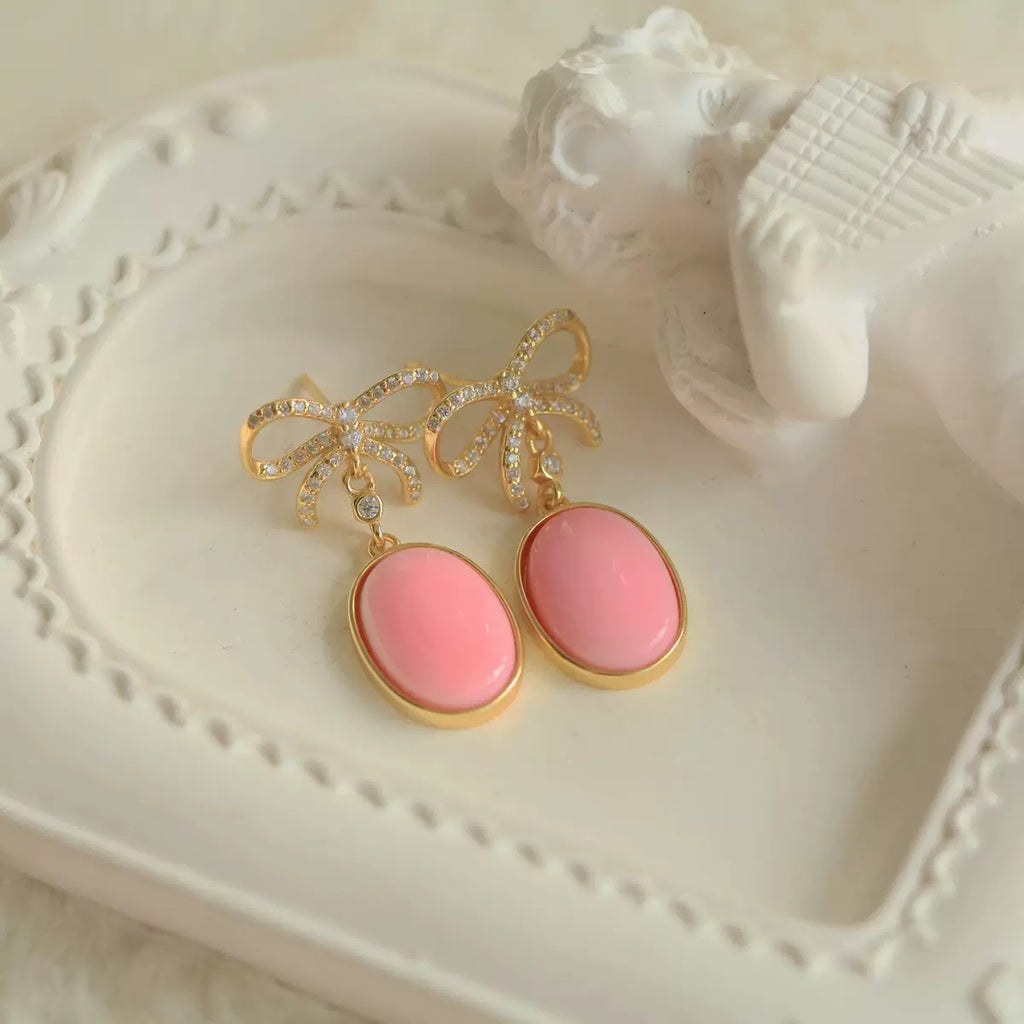 S925 Silver Pink Queen Conch Shell Earrings – 18K Gold-Plated Bow Knot Design