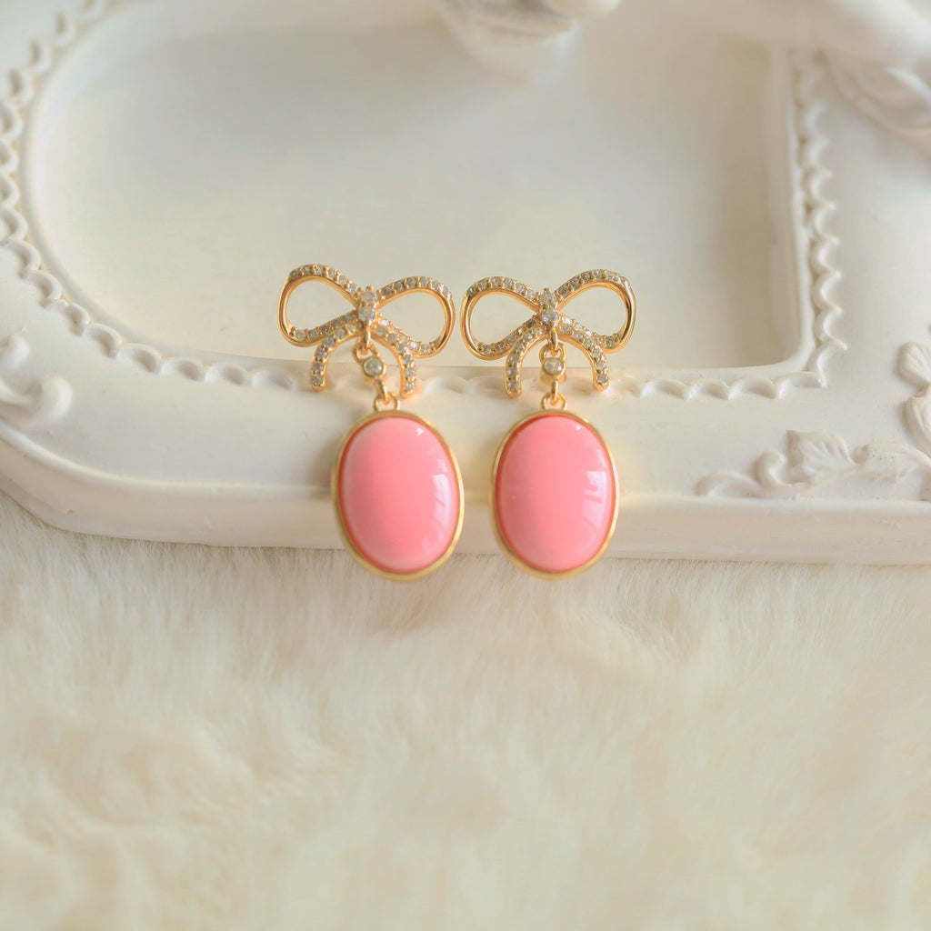 S925 Silver Pink Queen Conch Shell Earrings – 18K Gold-Plated Bow Knot Design