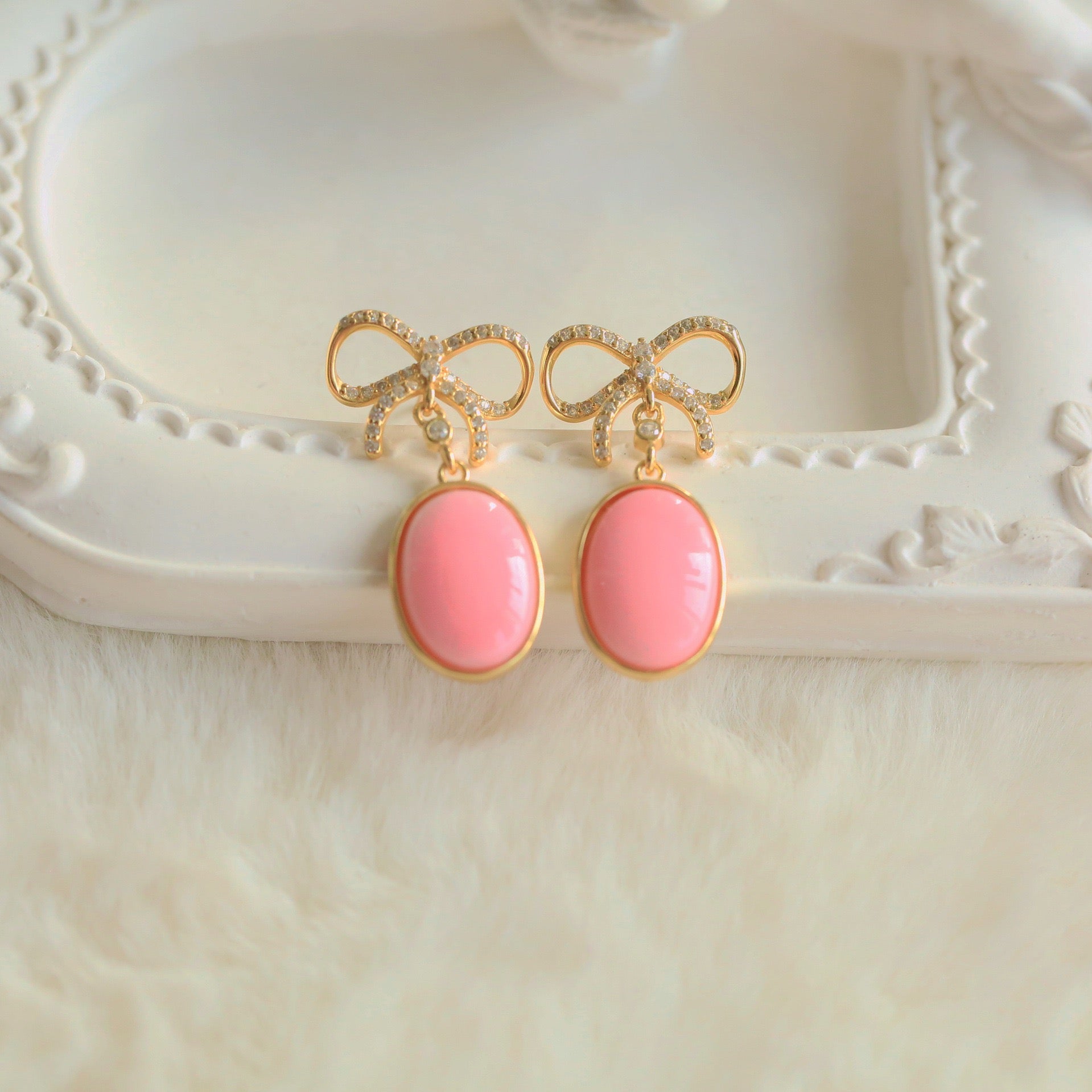 S925 Silver Pink Queen Conch Shell Earrings – 18K Gold-Plated Bow Knot Design