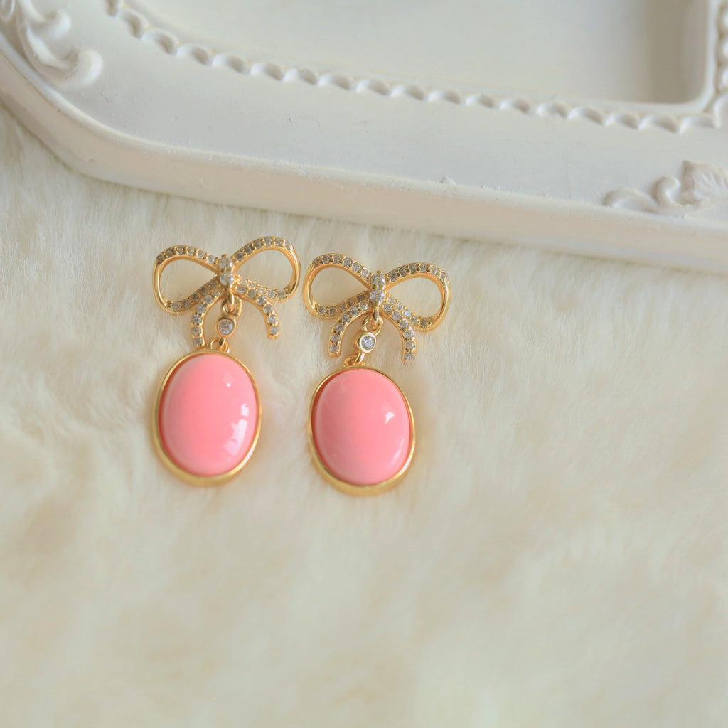 S925 Silver Pink Queen Conch Shell Earrings – 18K Gold-Plated Bow Knot Design