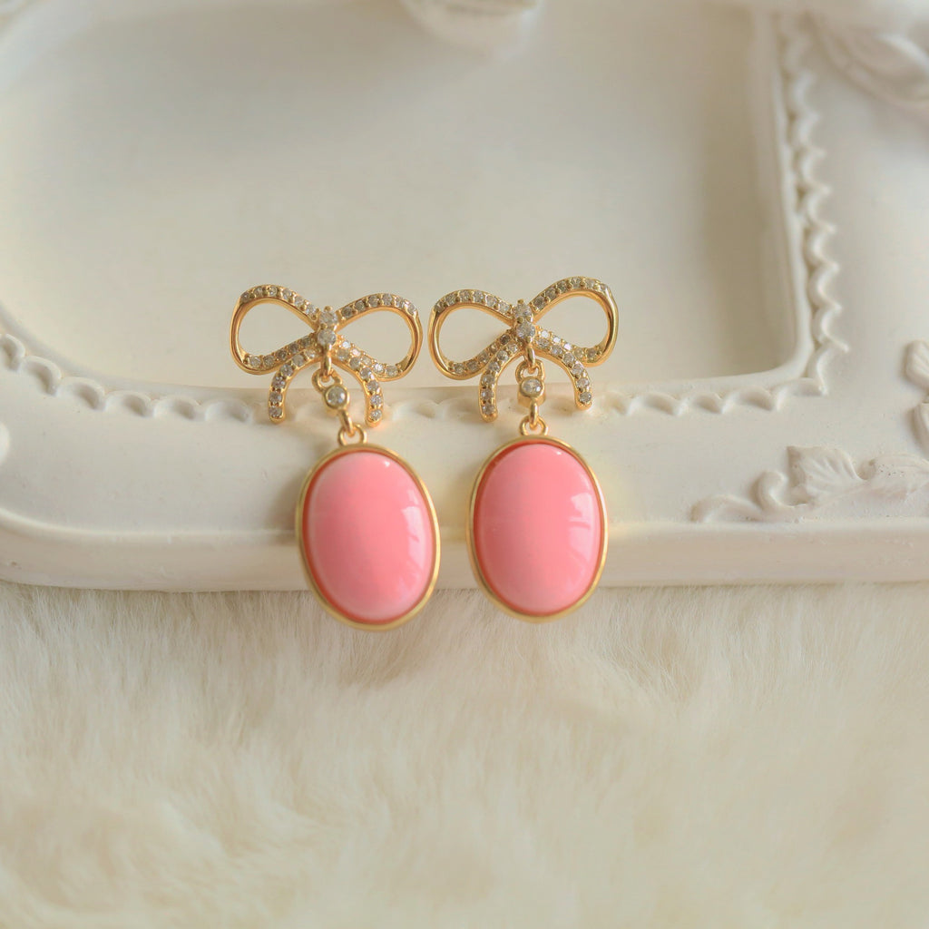 S925 Silver Pink Queen Conch Shell Earrings – 18K Gold-Plated Bow Knot Design