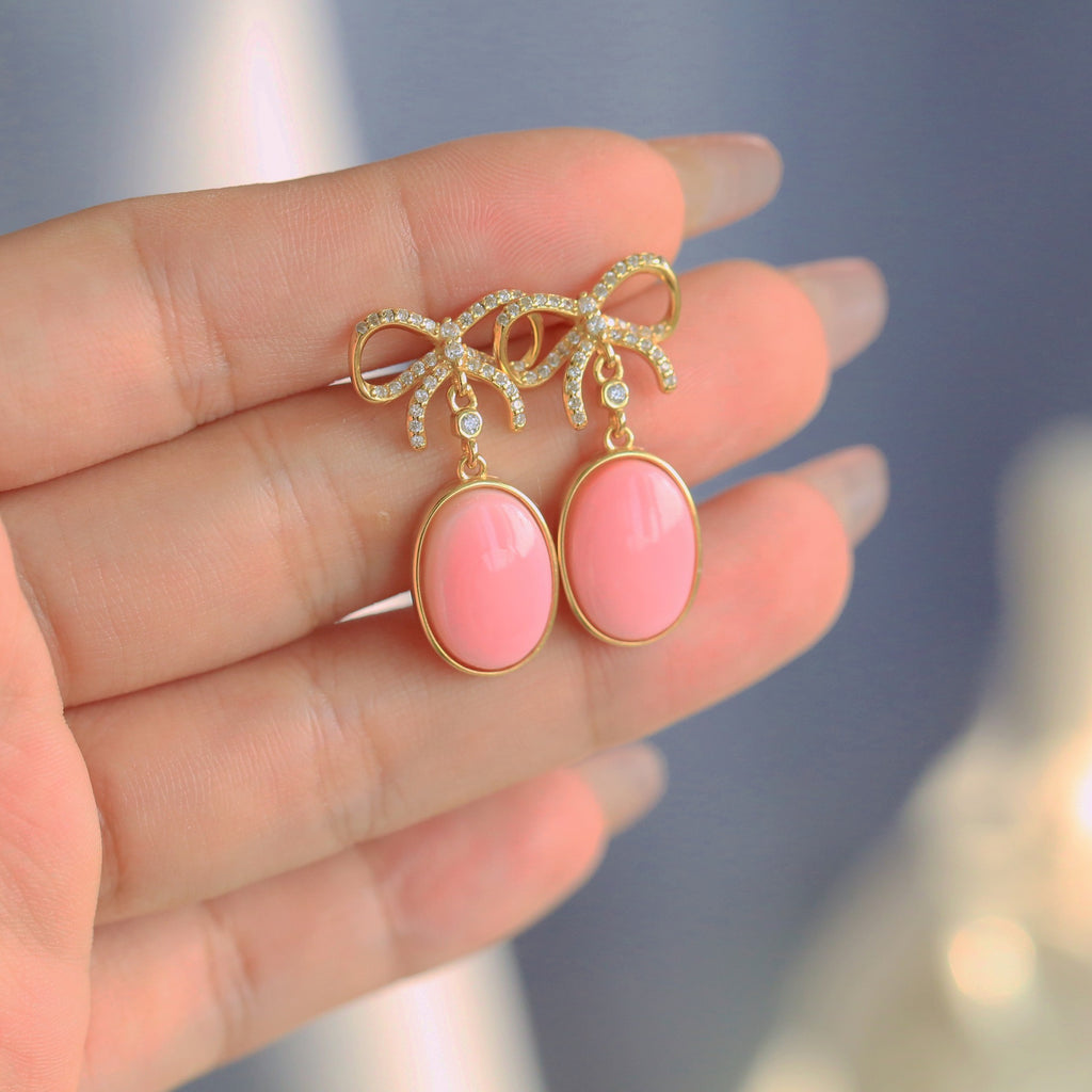 S925 Silver Pink Queen Conch Shell Earrings – 18K Gold-Plated Bow Knot Design