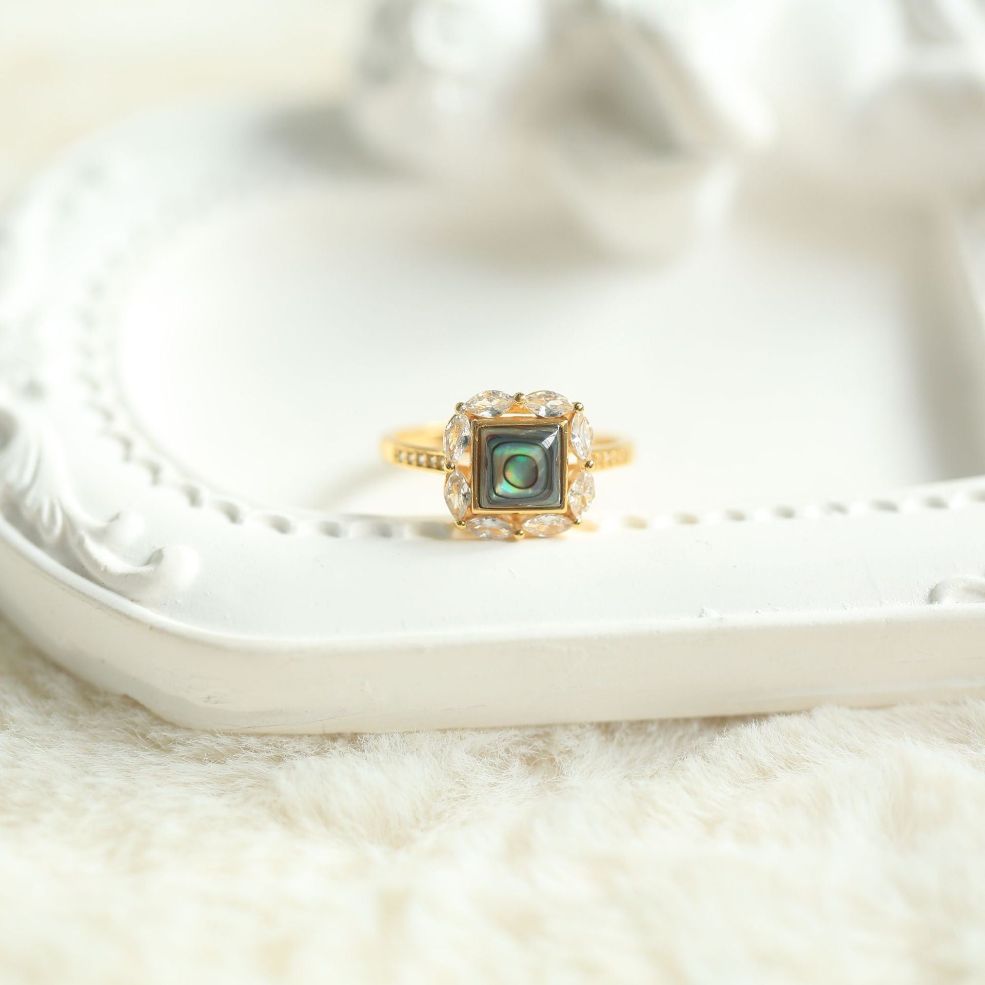 S925 Silver 18K Gold-Plated Abalone Shell Jewelry Set – Pendant, Ring & Earrings