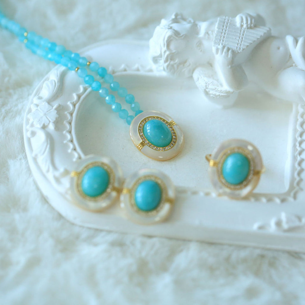 Vintage Amazonite Jewelry Set – Gold Ring, Necklace, Earrings & Pendant Collection