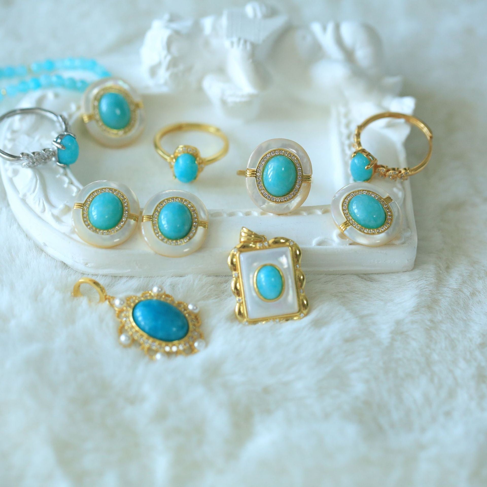 Vintage Amazonite Jewelry Set – Gold Ring, Necklace, Earrings & Pendant Collection
