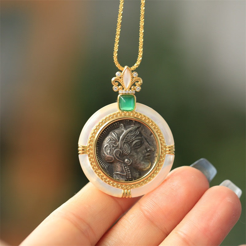 Vintage Athena Coin Pendant – Mother of Pearl Inlay 925 Silver Mythology Jewelry