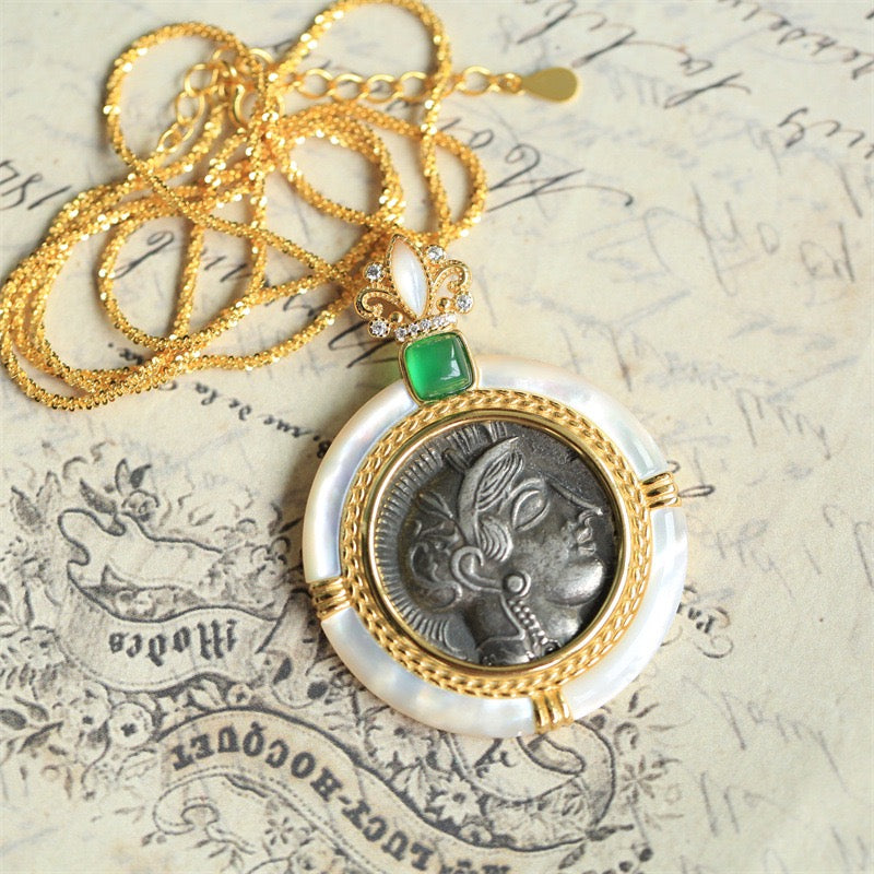 Vintage Athena Coin Pendant – Mother of Pearl Inlay 925 Silver Mythology Jewelry