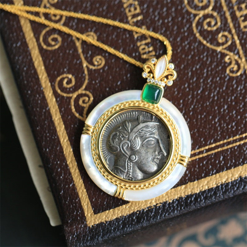 Vintage Athena Coin Pendant – Mother of Pearl Inlay 925 Silver Mythology Jewelry