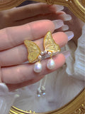 Vintage Golden Butterfly Mother of Pearl Jewelry – 925 Silver Stud Earrings, Ring, Brooch & Pendant
