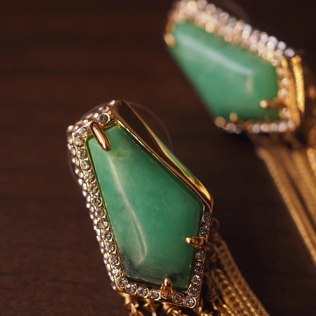 Vintage Green Gemstone Tassel Stud Earrings – Heavy Craft Statement Jewelry
