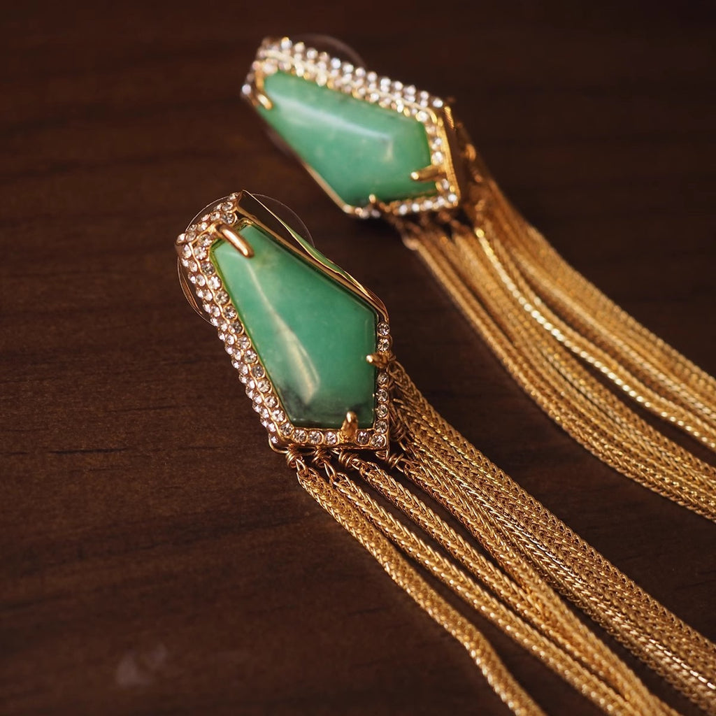 Vintage Green Gemstone Tassel Stud Earrings – Heavy Craft Statement Jewelry