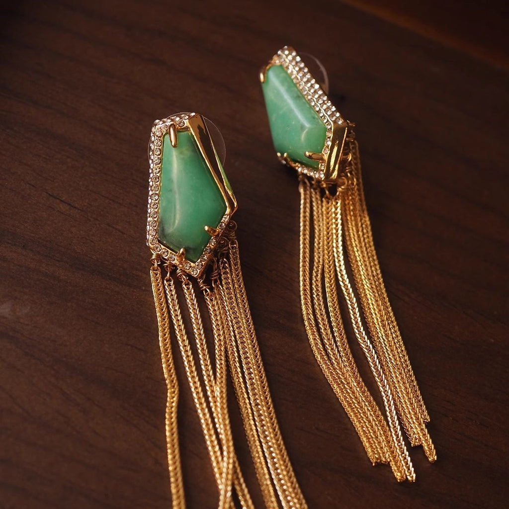 Vintage Green Gemstone Tassel Stud Earrings – Heavy Craft Statement Jewelry