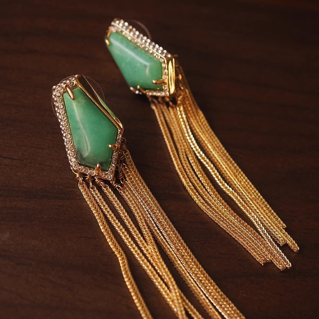 Vintage Green Gemstone Tassel Stud Earrings – Heavy Craft Statement Jewelry
