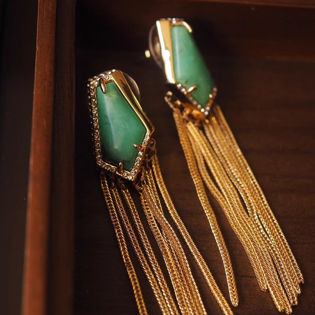 Vintage Green Gemstone Tassel Stud Earrings – Heavy Craft Statement Jewelry