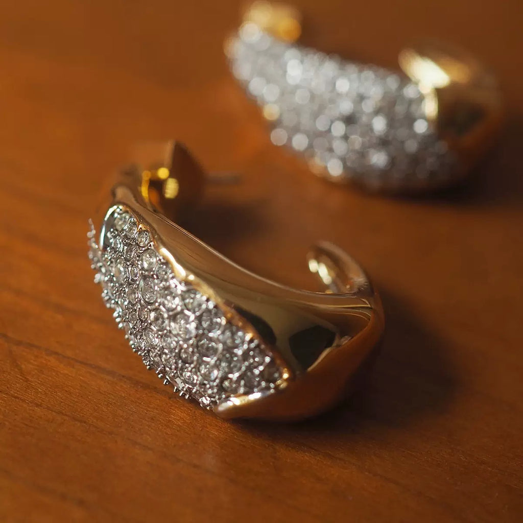 Two-Tone Gold U-Shaped Pavé Stud Earrings – Minimalist European Style Jewelry