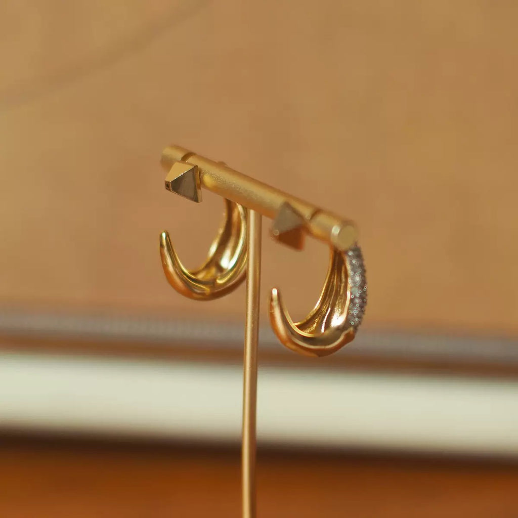 Two-Tone Gold U-Shaped Pavé Stud Earrings – Minimalist European Style Jewelry