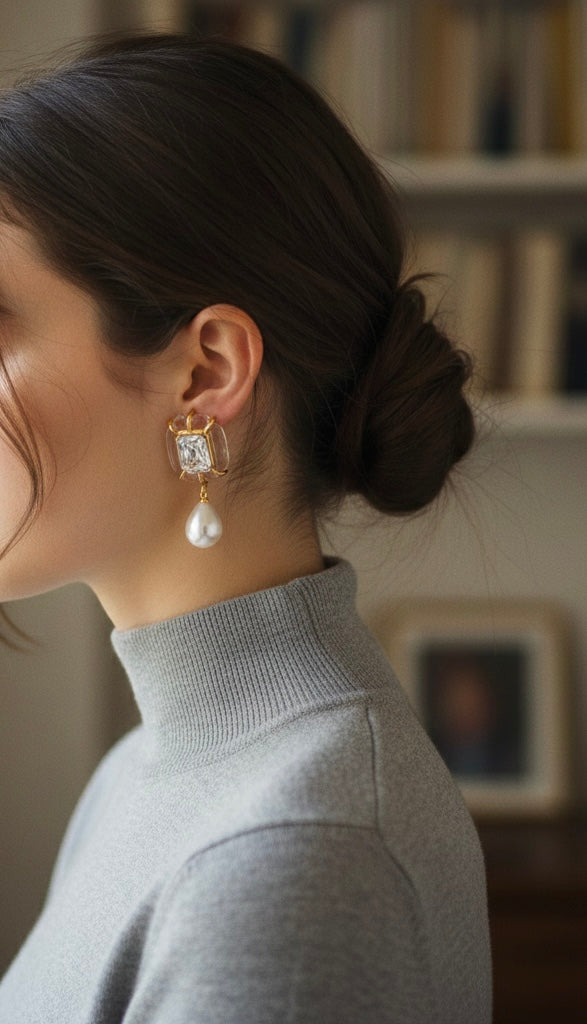 Vintage Crystal Pearl Stud Earrings – Gold-Tone Minimalist Retro Drop Earrings