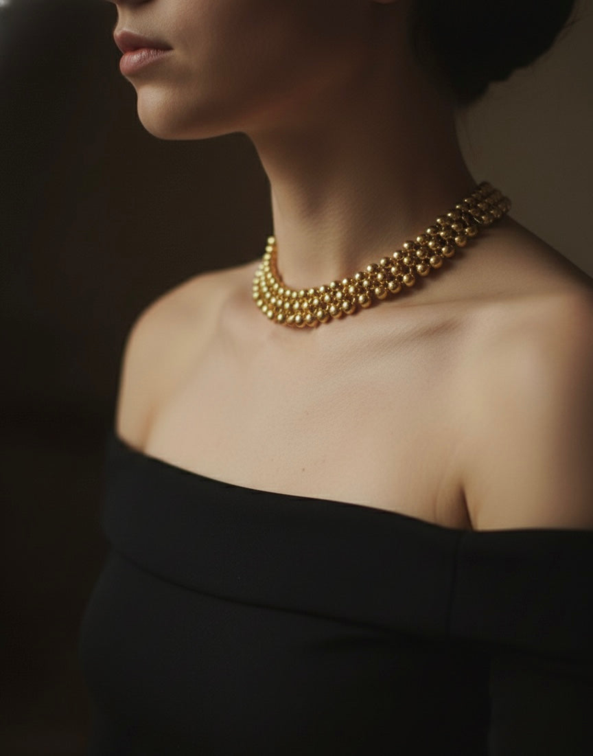 Vintage Gold Bead Choker Necklace – Monet-Inspired Floral Luxury Retro Jewelry