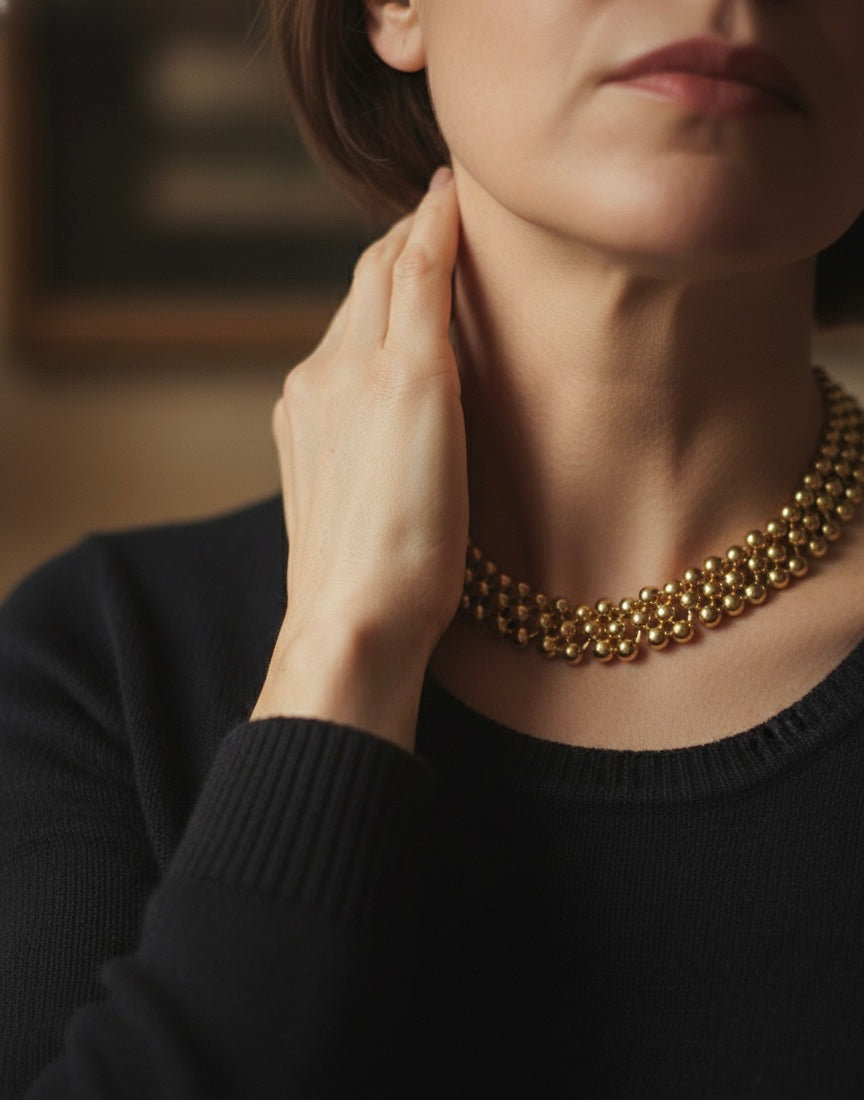 Vintage Gold Bead Choker Necklace – Monet-Inspired Floral Luxury Retro Jewelry