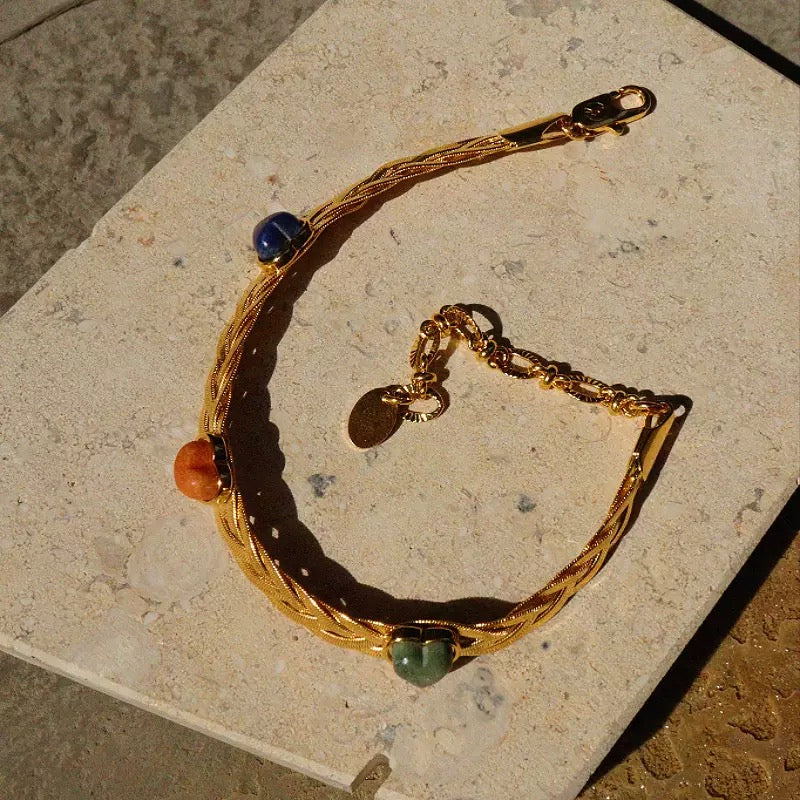 Vintage Woven Metal Bracelet with Multicolor Natural Stones – Chic Minimalist Jewelry