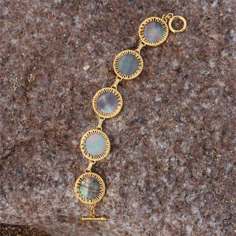 Gold Sunburst Bracelet with Black Mother-of-Pearl | Natural Shell Gold Bracelet for Women | Vintage Inspired Adjustable Jewelry