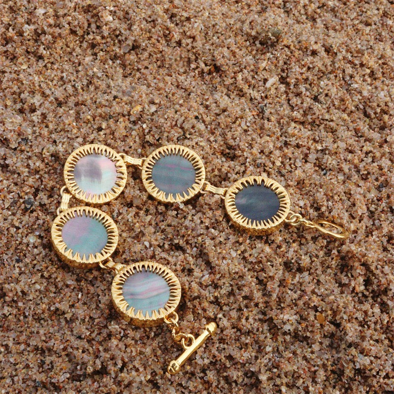 Gold Sunburst Bracelet with Black Mother-of-Pearl | Natural Shell Gold Bracelet for Women | Vintage Inspired Adjustable Jewelry