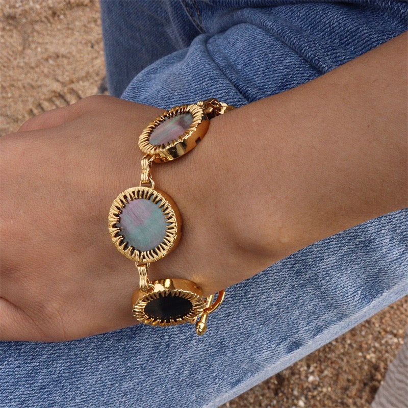 Gold Sunburst Bracelet with Black Mother-of-Pearl | Natural Shell Gold Bracelet for Women | Vintage Inspired Adjustable Jewelry