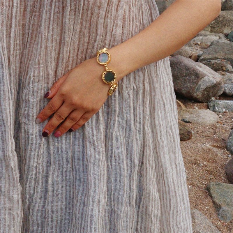 Gold Sunburst Bracelet with Black Mother-of-Pearl | Natural Shell Gold Bracelet for Women | Vintage Inspired Adjustable Jewelry